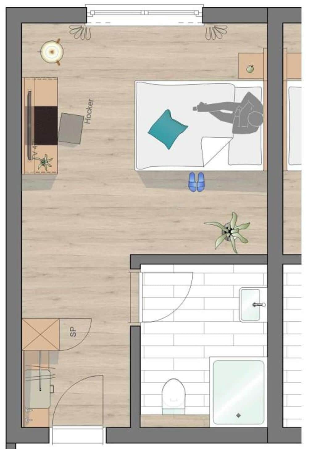 A hotel room layout with a bed, a desk, a chair, a small table, a plant, and a bathroom.