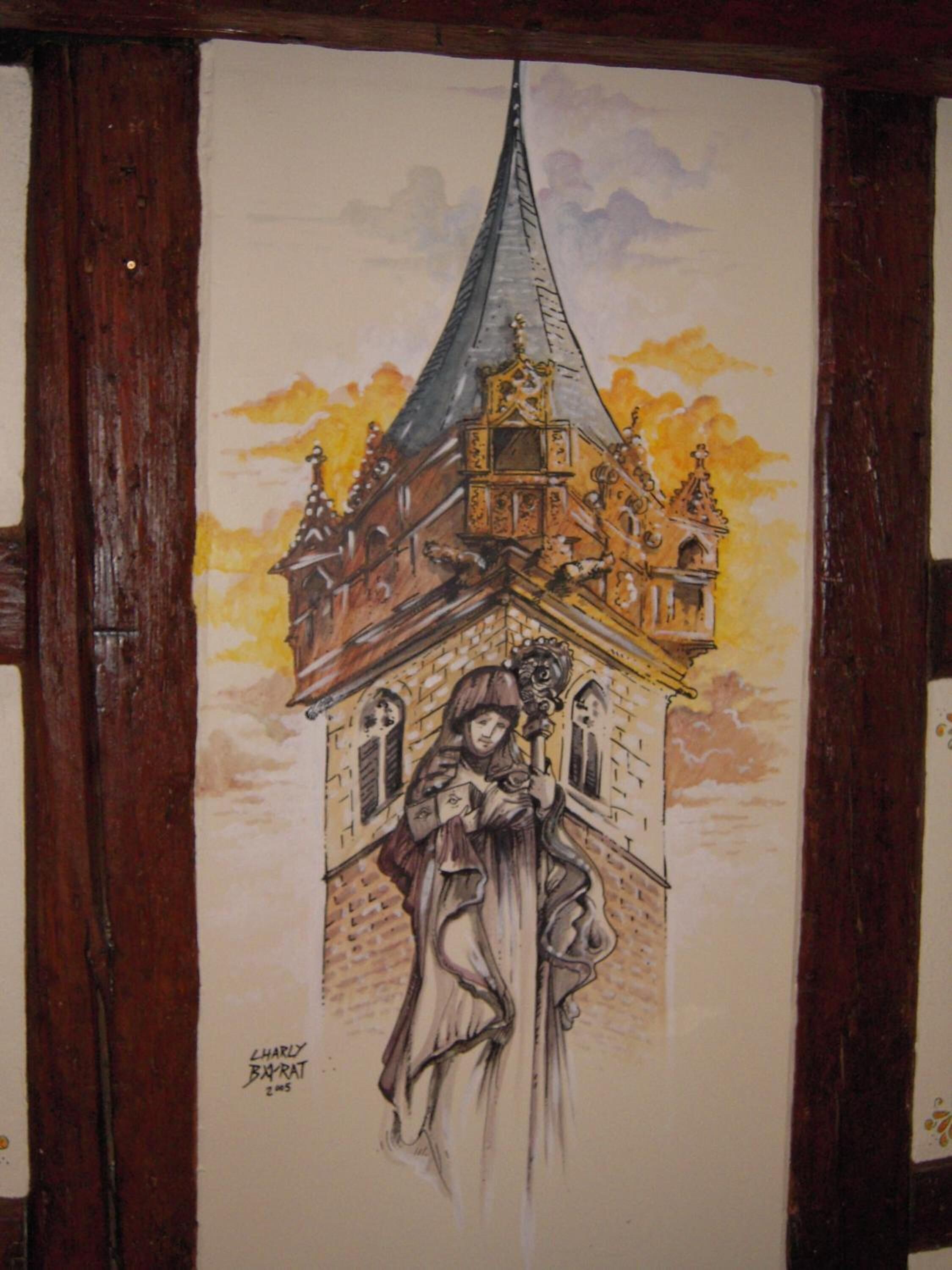 Un dibujo de un edificio con techo puntiagudo y una figura sosteniendo un báculo.