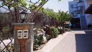 Un chemin bordé de vignes formant une arche au-dessus d’une structure en pierre où sont installées deux boîtes électriques, menant à un bâtiment doté d’un toit en tuiles et d’un auvent bleu.