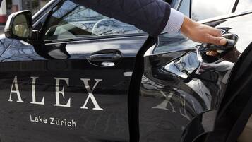 A hand opening a car door with the brand name "ALEX" and "Lake Zürich" visible on the side.