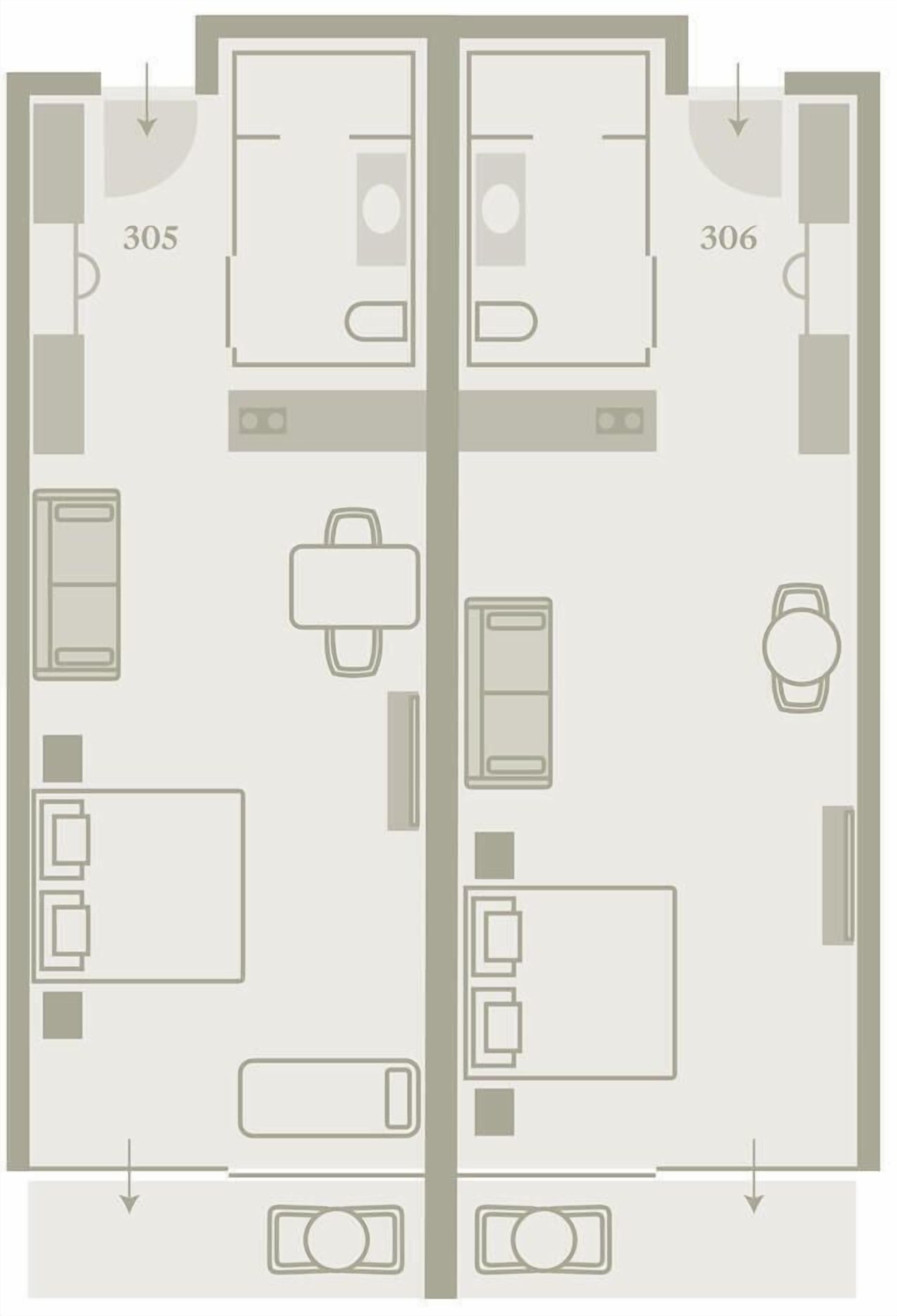 Plano de un hotel con dos dormitorios, un baño, una cocina y un comedor.