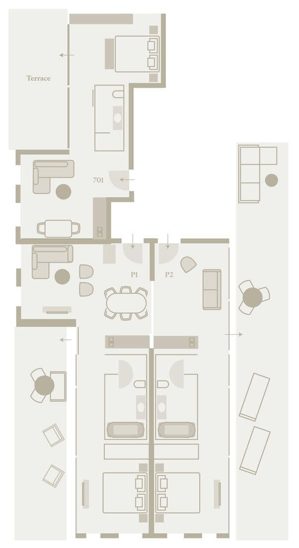 A floor plan with a terrace, two bedrooms, a bathroom, a kitchen, and a dining area.