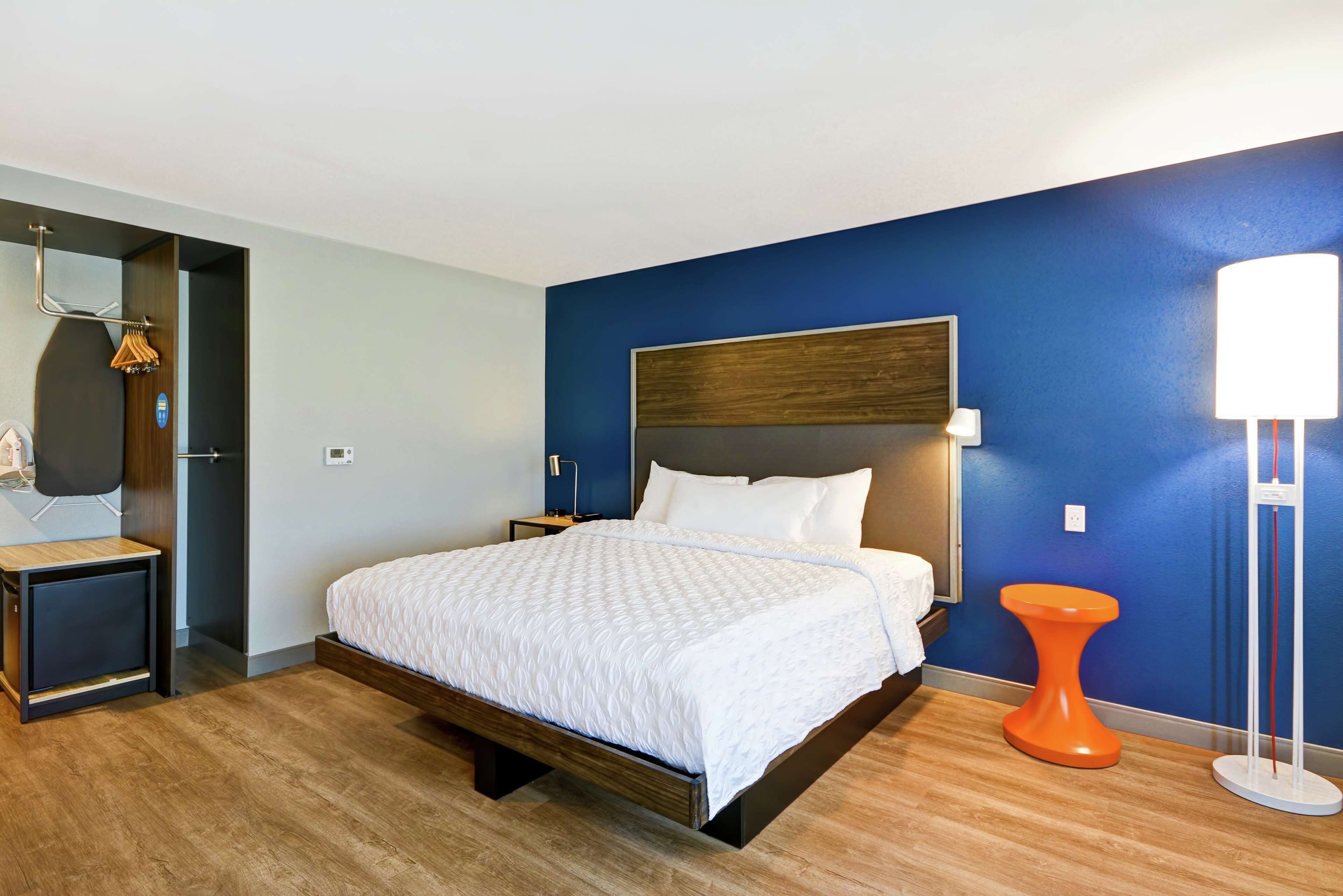 Una habitación de hotel moderna con una cama grande, piso de madera, una mesita pequeña, ducha colgante y una pared luminosa.