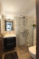 A modern bathroom with a glass-enclosed shower, a white sink, and a mirror above the vanity.