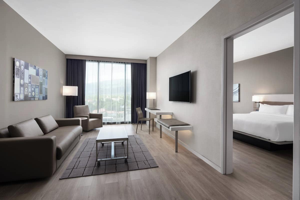 Une chambre d’hôtel moderne équipée d’un canapé, d’un fauteuil, d’une petite table et d’un lit.