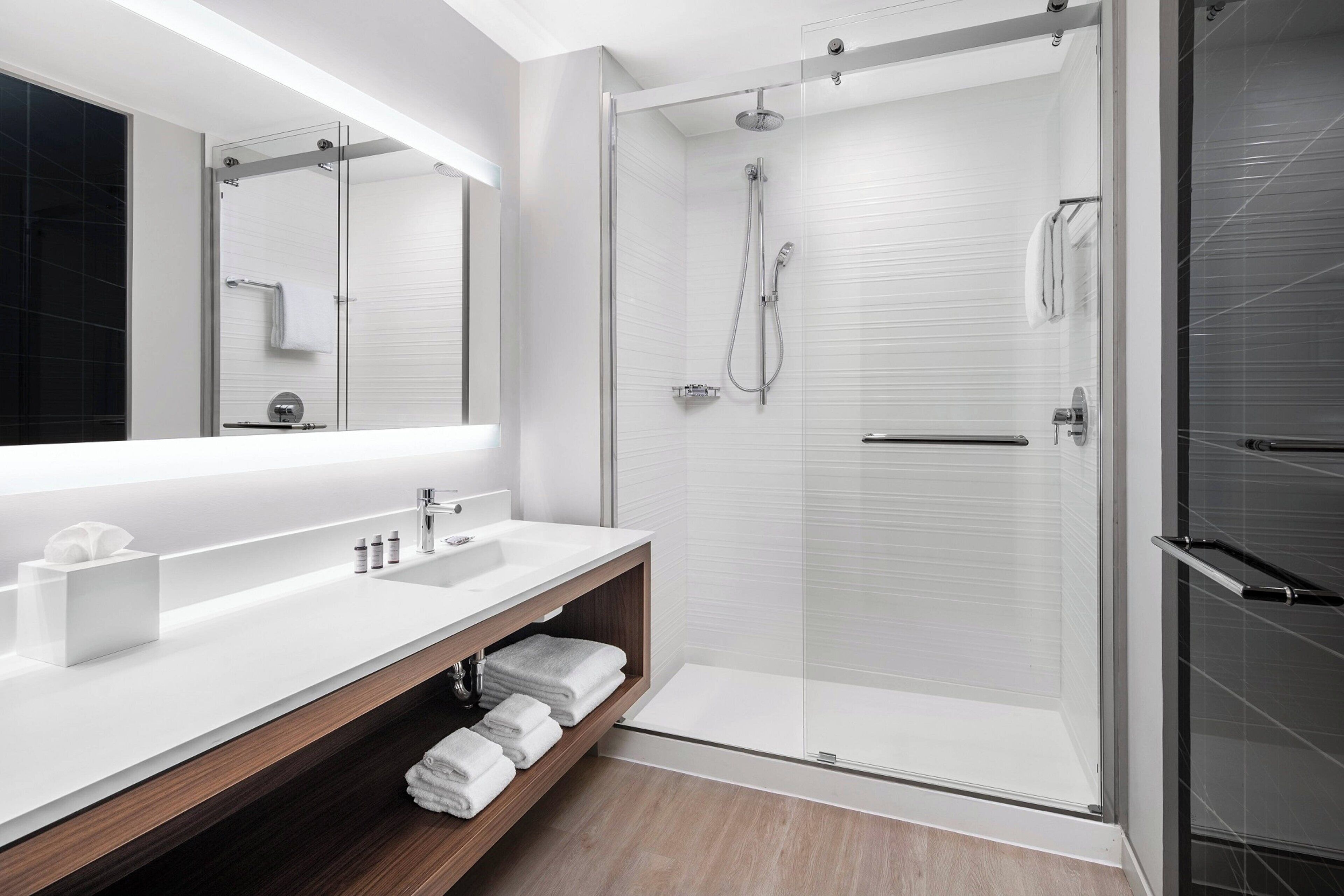 suite, 1 king bed with sofa bed | bathroom | rainfall showerhead, designer toiletries, hair dryer, towels