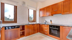 Een moderne keuken met houten kastjes, een ingebouwde vaatwasser en een oven.