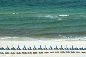 En la playa y camastros 