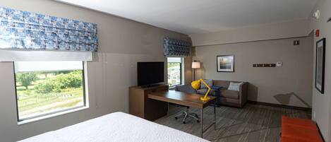 Habitación de hotel con una cama, un escritorio con computadora, un sofá, un televisor y una ventana con vistas a zonas verdes.