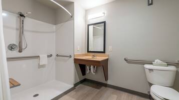 Un baño con ducha, lavabo, inodoro y espejo.