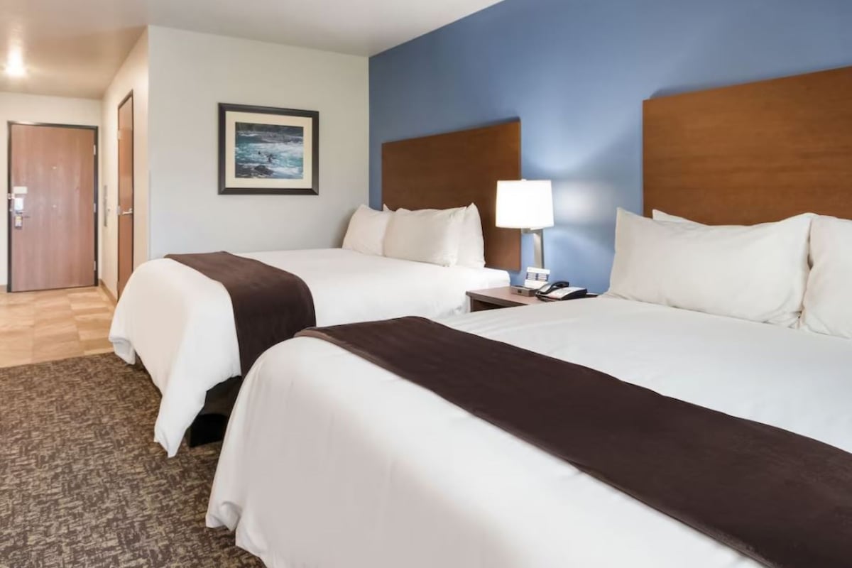 A hotel room with two beds, a nightstand, a lamp, and a framed picture on the wall.