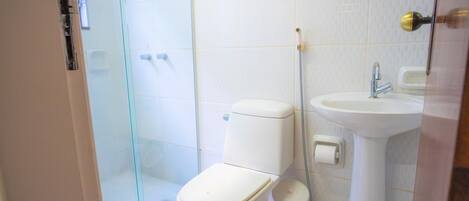 A bathroom with a toilet, a glass shower enclosure, and a sink.