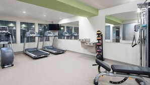 A gym with treadmills, a stationary bike, and a bench press.