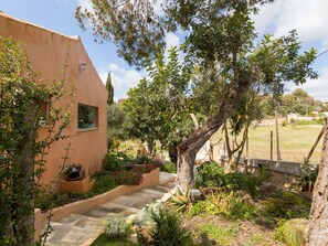 Une maison moderne avec un escalier en pierre menant à une terrasse en bois, entourée d’une végétation luxuriante et d’un jardin clos.