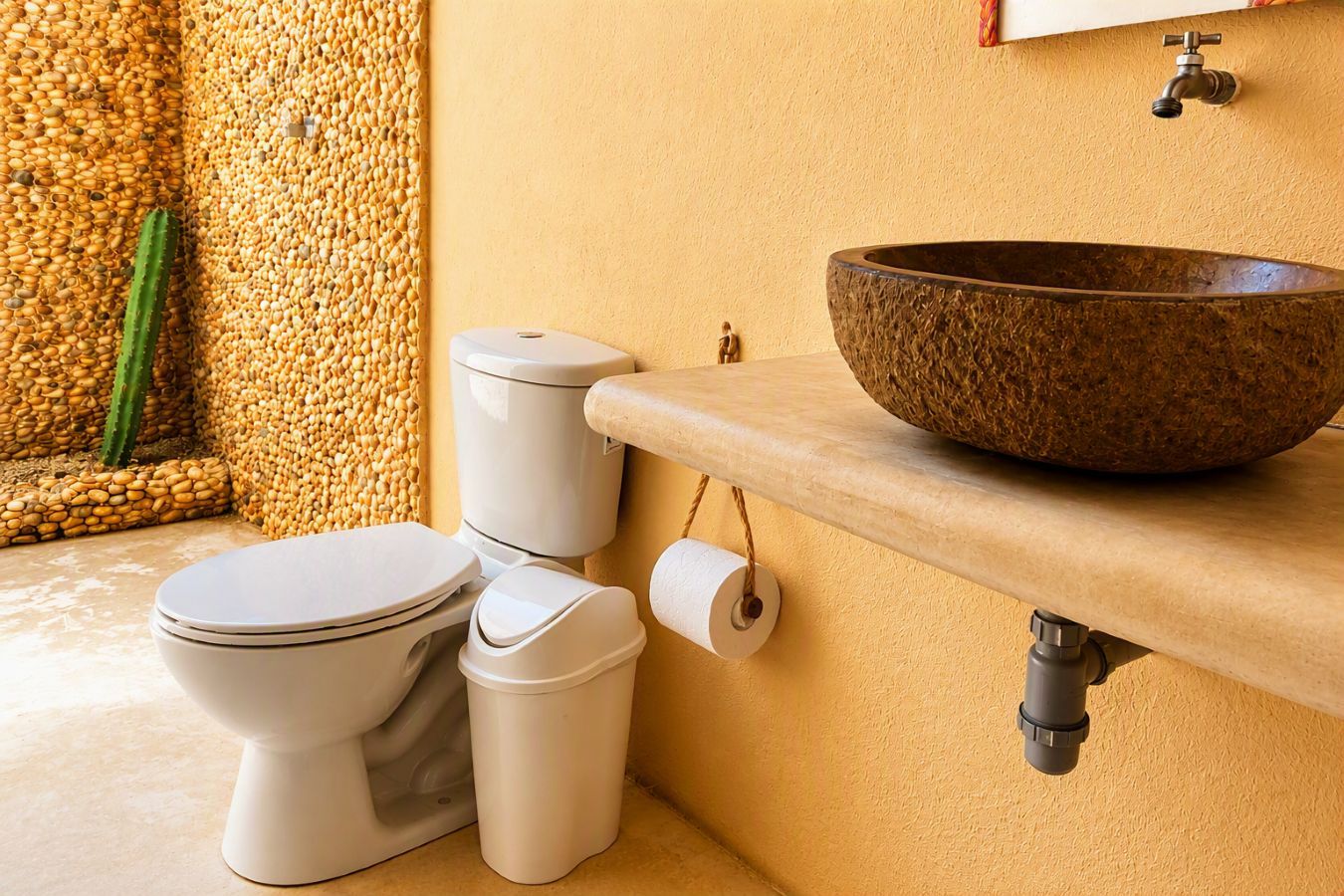 Une salle de bain équipée de toilettes, d’un bidet et d’un grand lavabo en pierre.