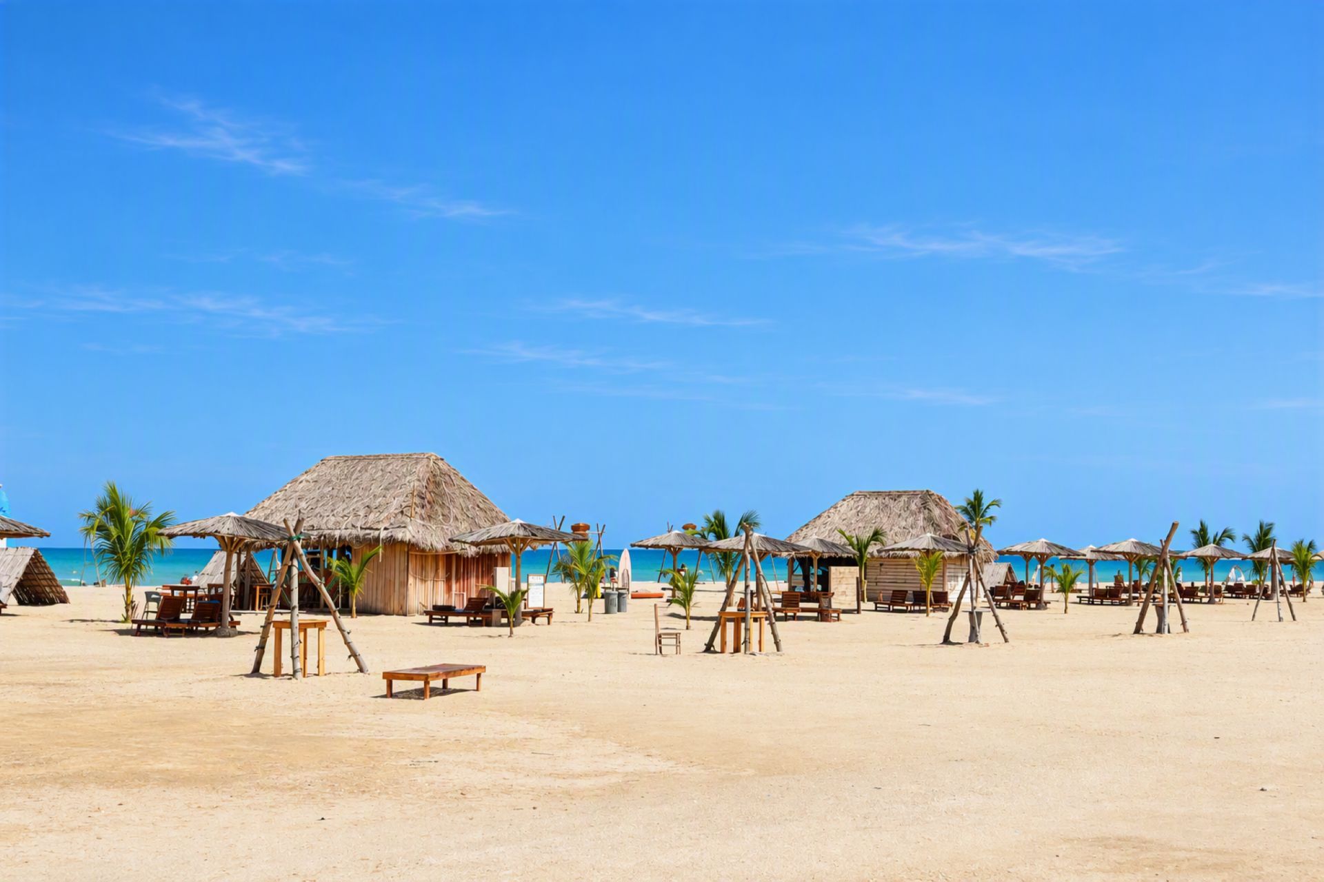 A beach with thatched-roof huts and palm trees.