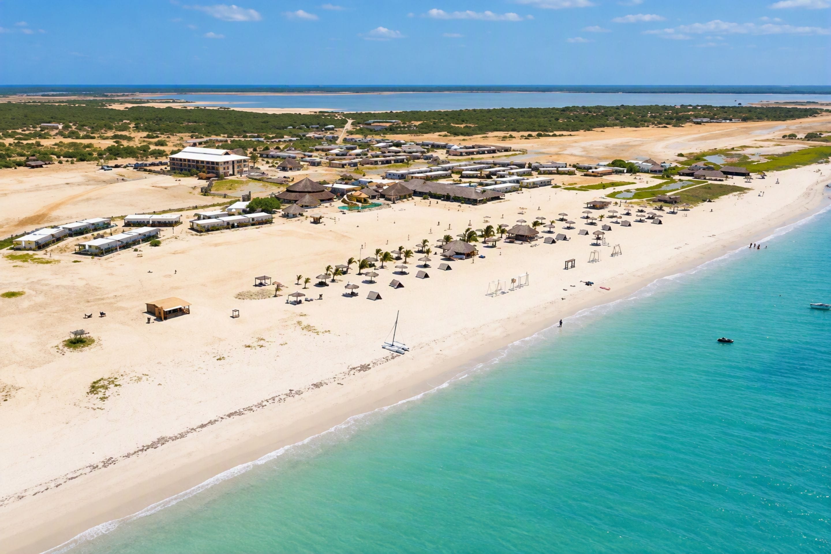 Vue aérienne d’une station balnéaire comprenant de nombreux hébergements de type bungalow, une plage de sable et une vue dégagée sur l’océan.
