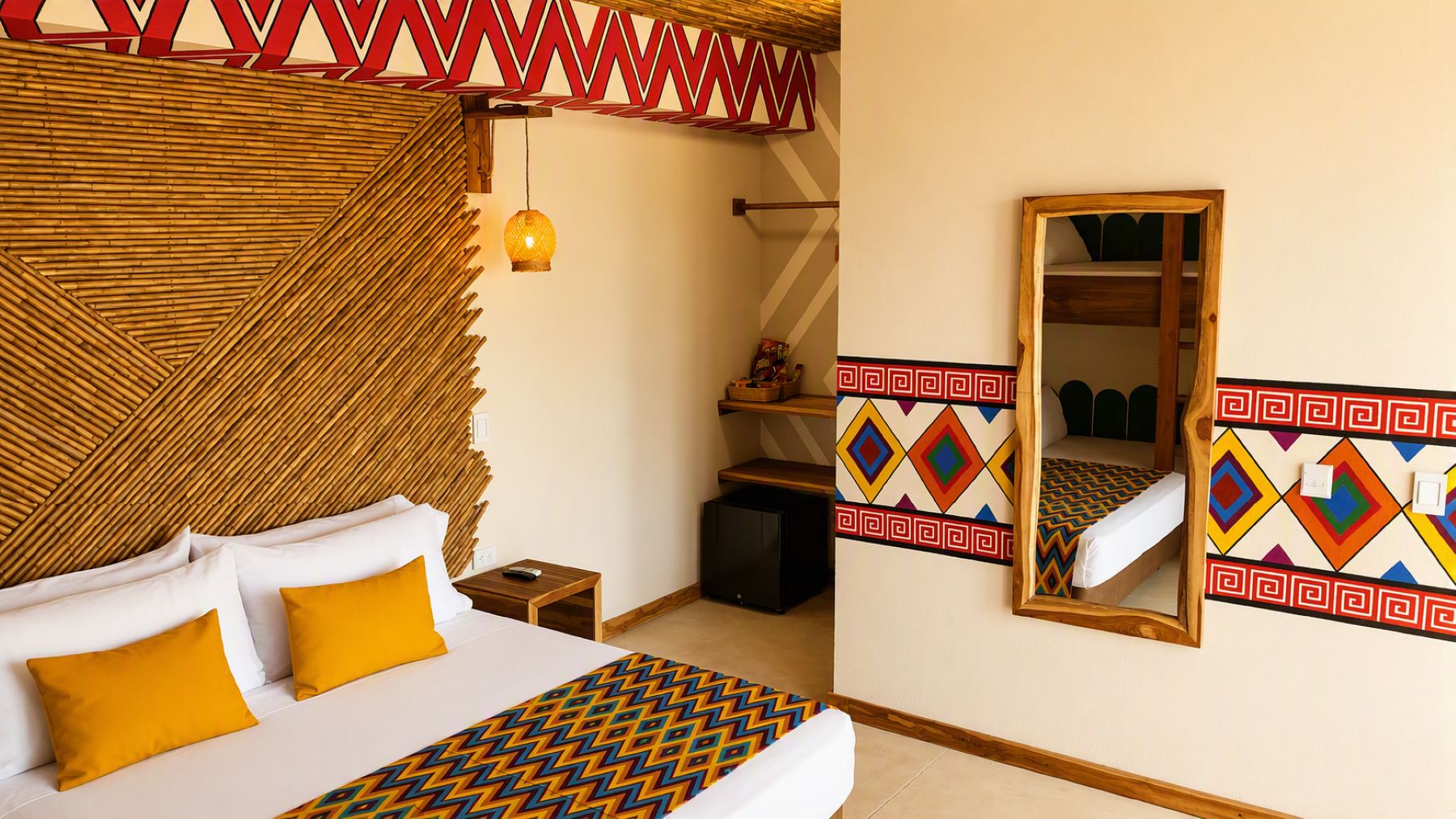 Una habitación de hotel con cama, mesita de noche, espejo y armario.