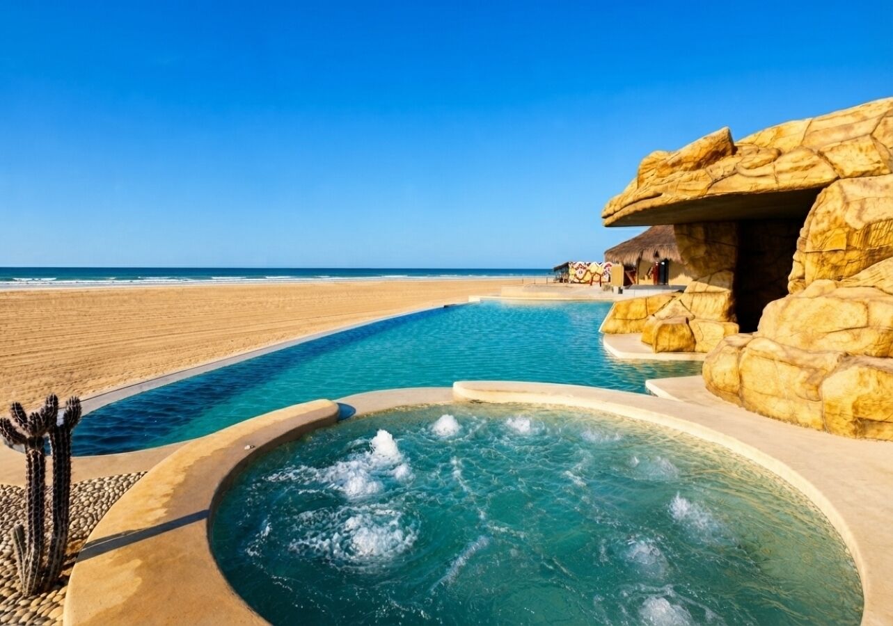 Outdoor pool, pool umbrellas, pool loungers