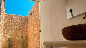 Un baño con pared de piedra, un lavamanos grande y un cactus.
