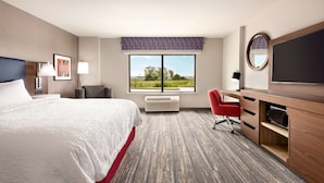 Habitación de hotel con una cama grande, un escritorio con una silla, un televisor de pantalla plana y un ventanal con vistas al exterior.