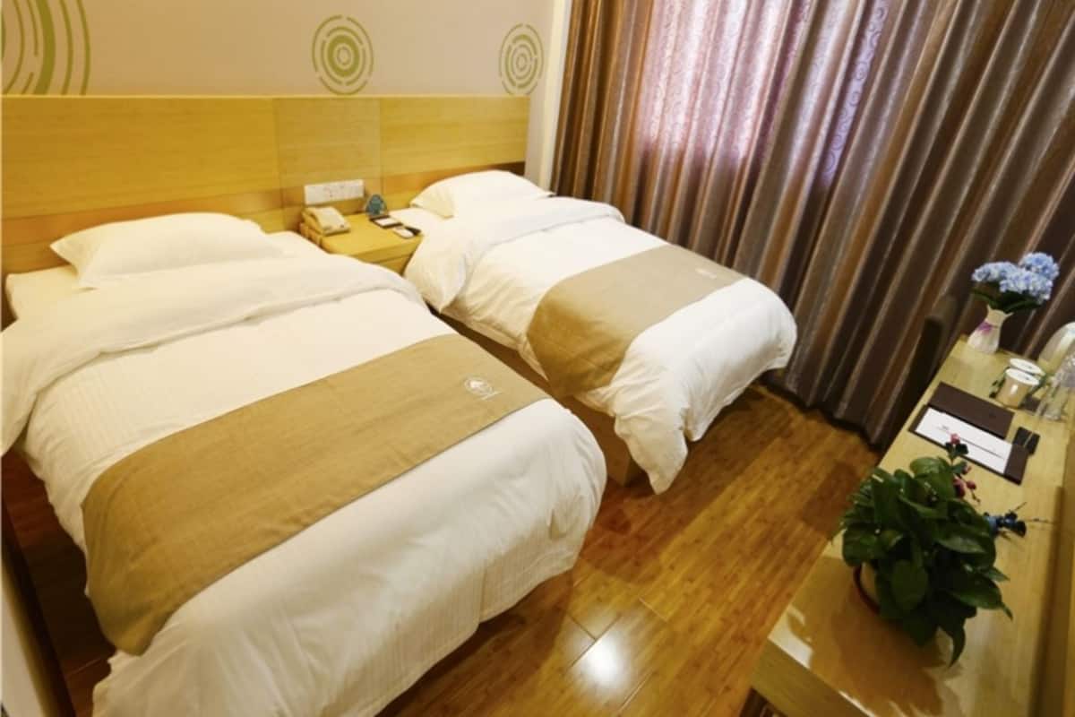 Une chambre d’hôtel avec deux lits, une tête de lit en bois, une table de chevet avec une lampe, un miroir et une plante en pot.