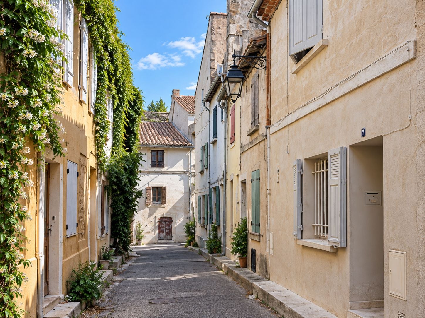 A narrow street flanked by buildings with shutters, a clear sky, and a visible door at the end.