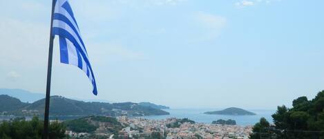 A coastal town with a flag on a flagpole, buildings, and a view of the sea.