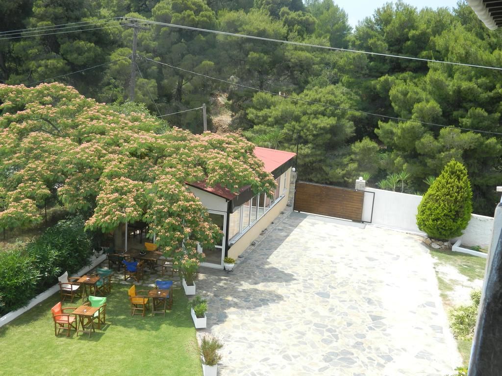 Un espace patio avec des sièges extérieurs et une vue sur une colline boisée.