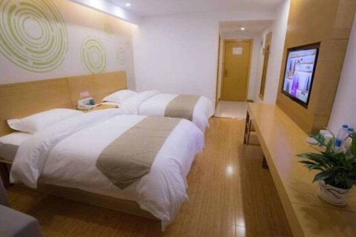 Habitación de hotel con dos camas, piso de madera, televisor en la pared y una planta pequeña en la mesita de noche.
