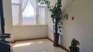 Una habitación con un ventanal grande, una planta en maceta y suelo de baldosas.