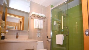 A bathroom with a glass shower enclosure, a sink with a mirror, and a toilet.
