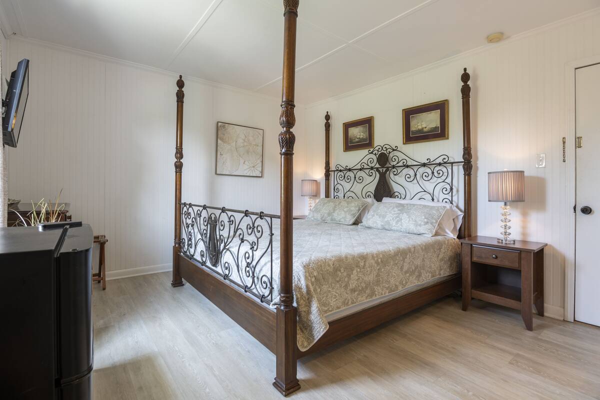 Un lit à baldaquin avec un cadre en bois et une tête de lit décorative, une table de chevet avec une lampe, et une porte sur la droite.