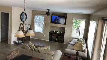 Smart TV, fireplace, DVD player, foosball