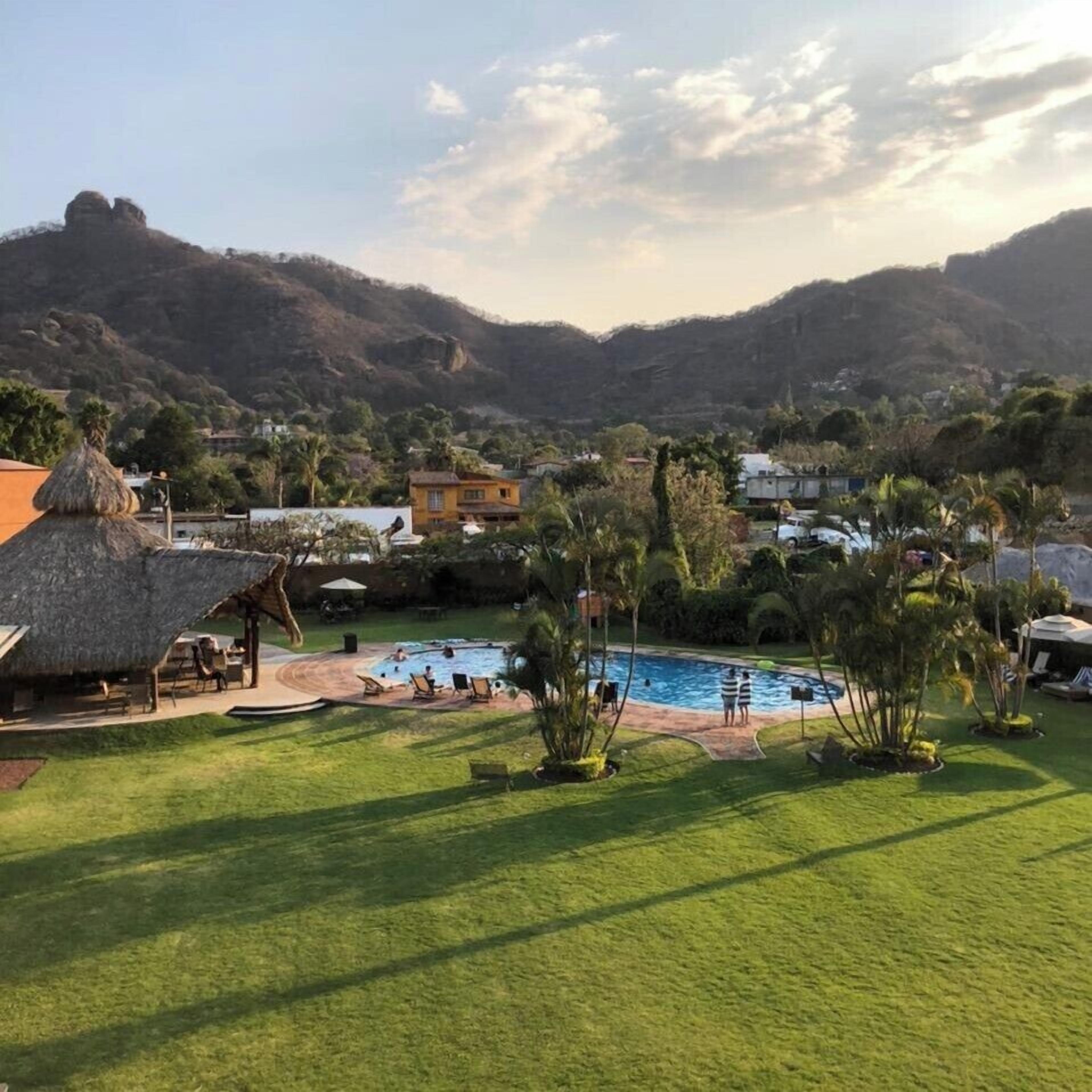 A resort with a swimming pool, thatched-roof structures, and lush greenery.