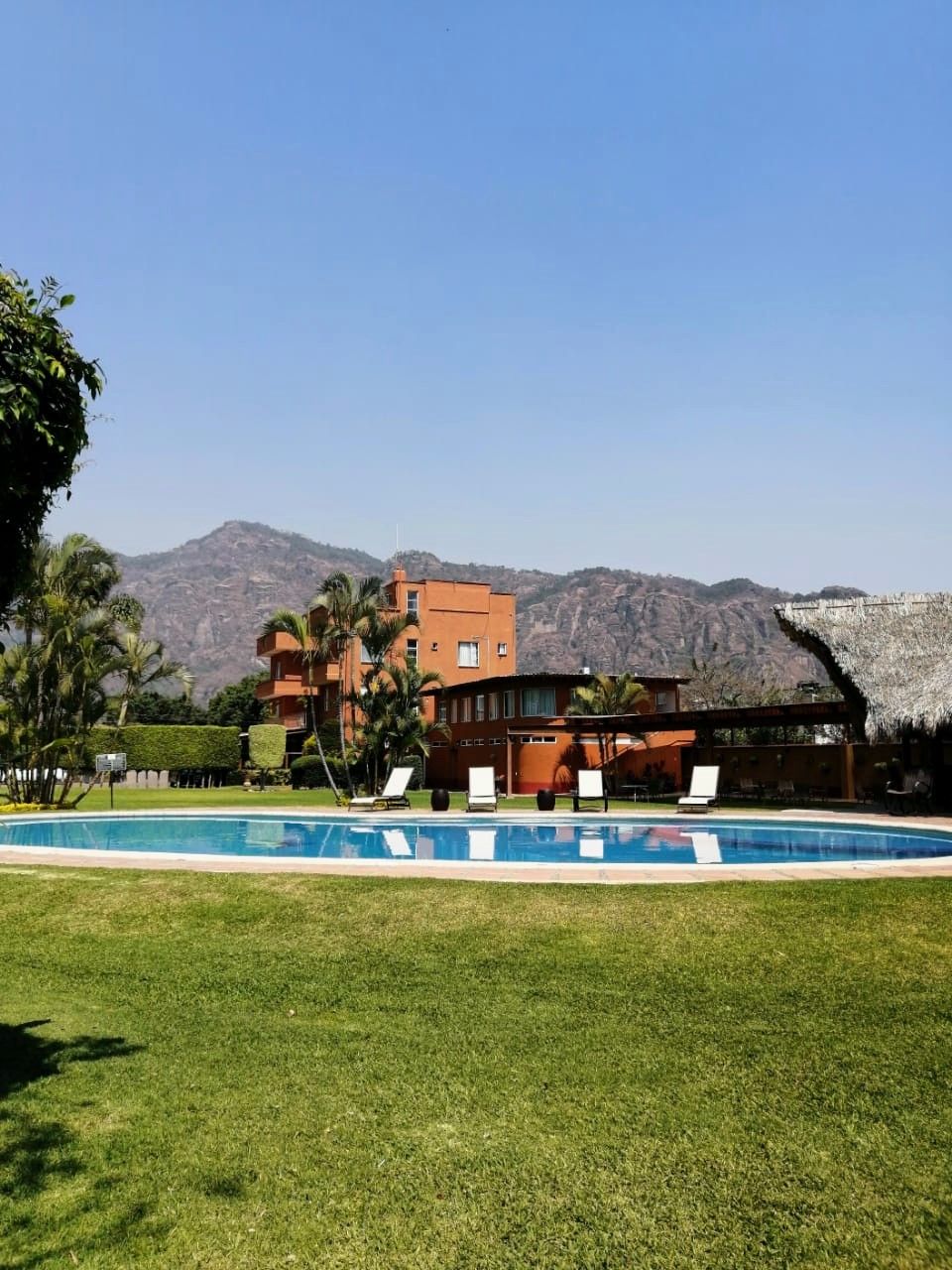 Un'area piscina con vista sulle montagne, un edificio a più piani e un prato curato.