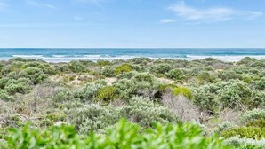 Un paisaje costero con matorrales densos y vista al océano.