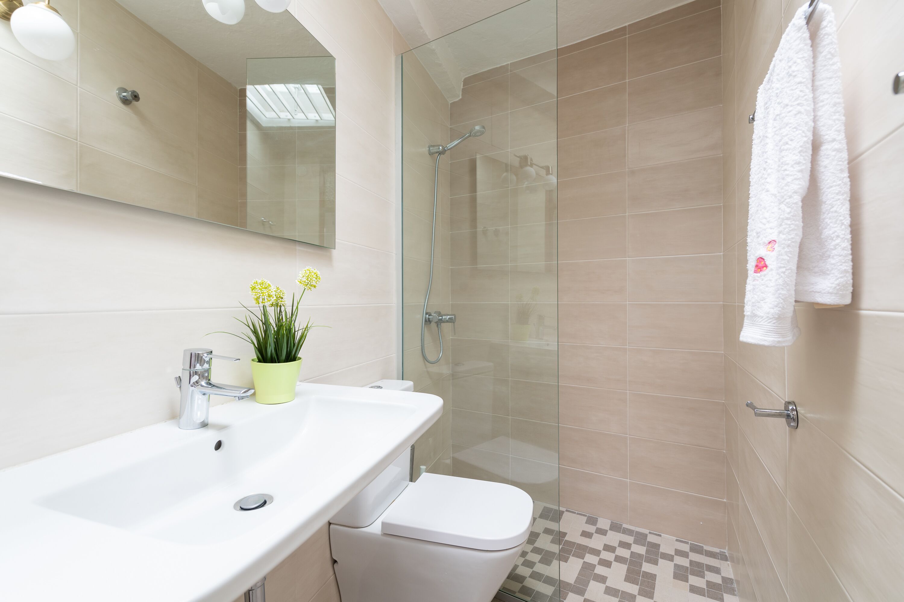Douche, sèche-cheveux, serviettes fournies, savon