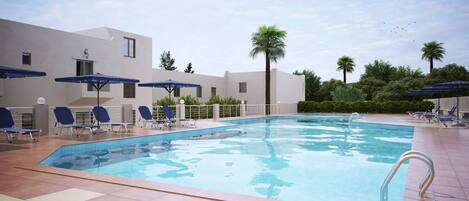 Seasonal outdoor pool, pool umbrellas, pool loungers