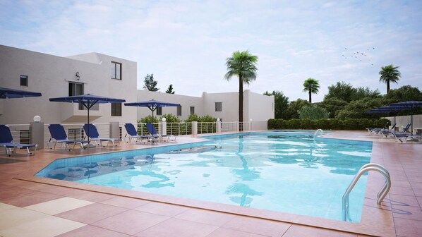 Seasonal outdoor pool, pool umbrellas, pool loungers