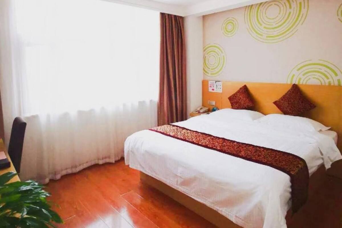 A hotel room with a bed, a nightstand, a telephone, and a wall with circular patterns.