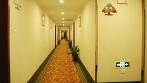 A hotel hallway with a carpeted floor, potted plants, and an elevator sign.