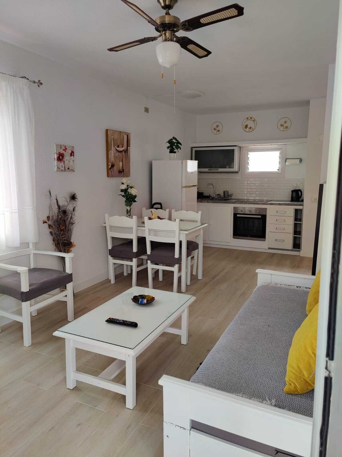 Een moderne woonkamer met een bank, een eettafel met stoelen, een keukenhoek met een televisie en een plafondventilator.