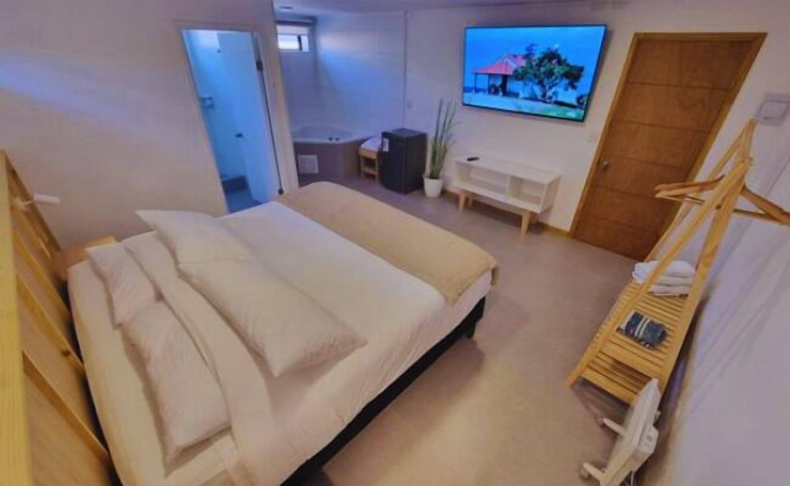 A bedroom with a bed, a TV, a wooden chair, and a desk.