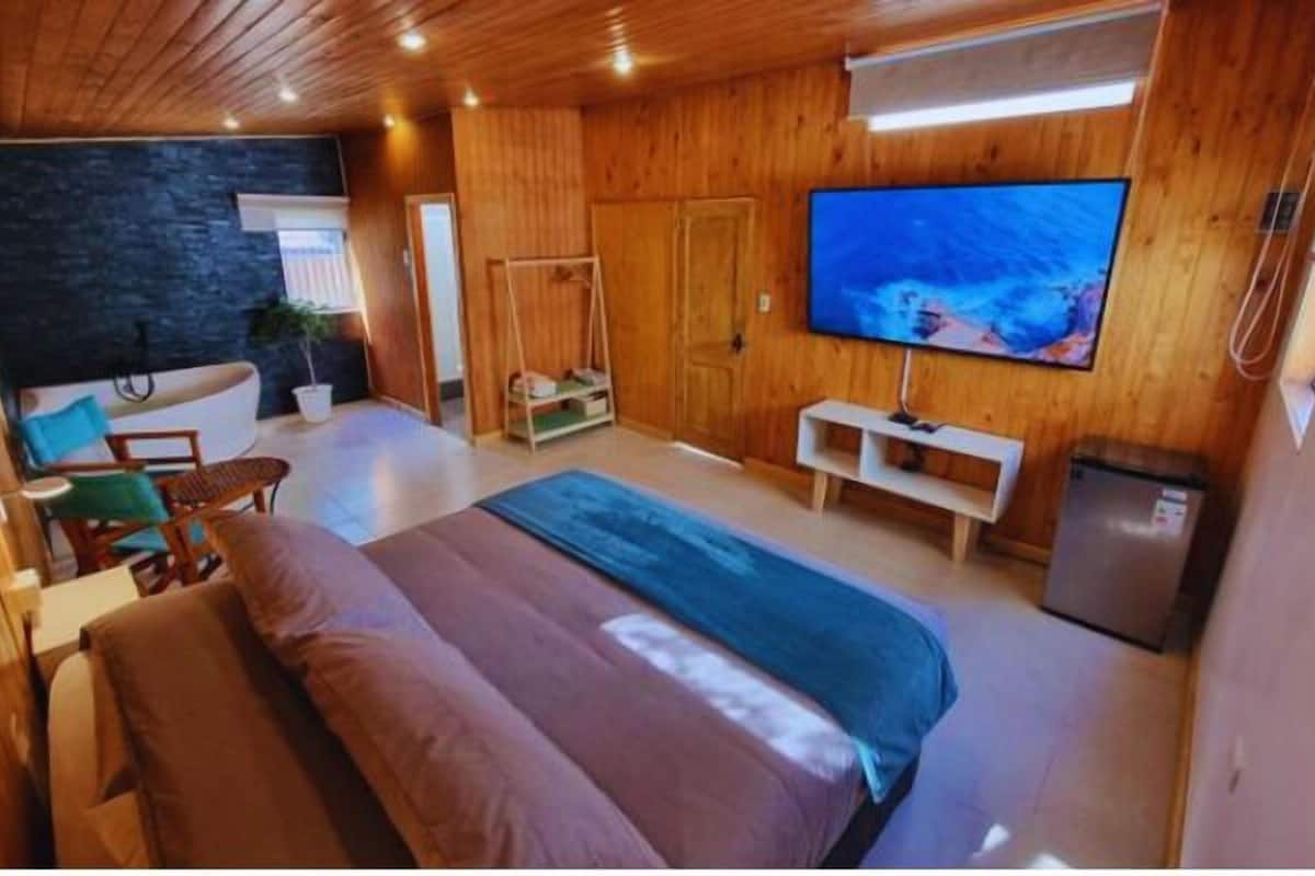 Una habitación con una cama, televisión, escritorio y una silla.