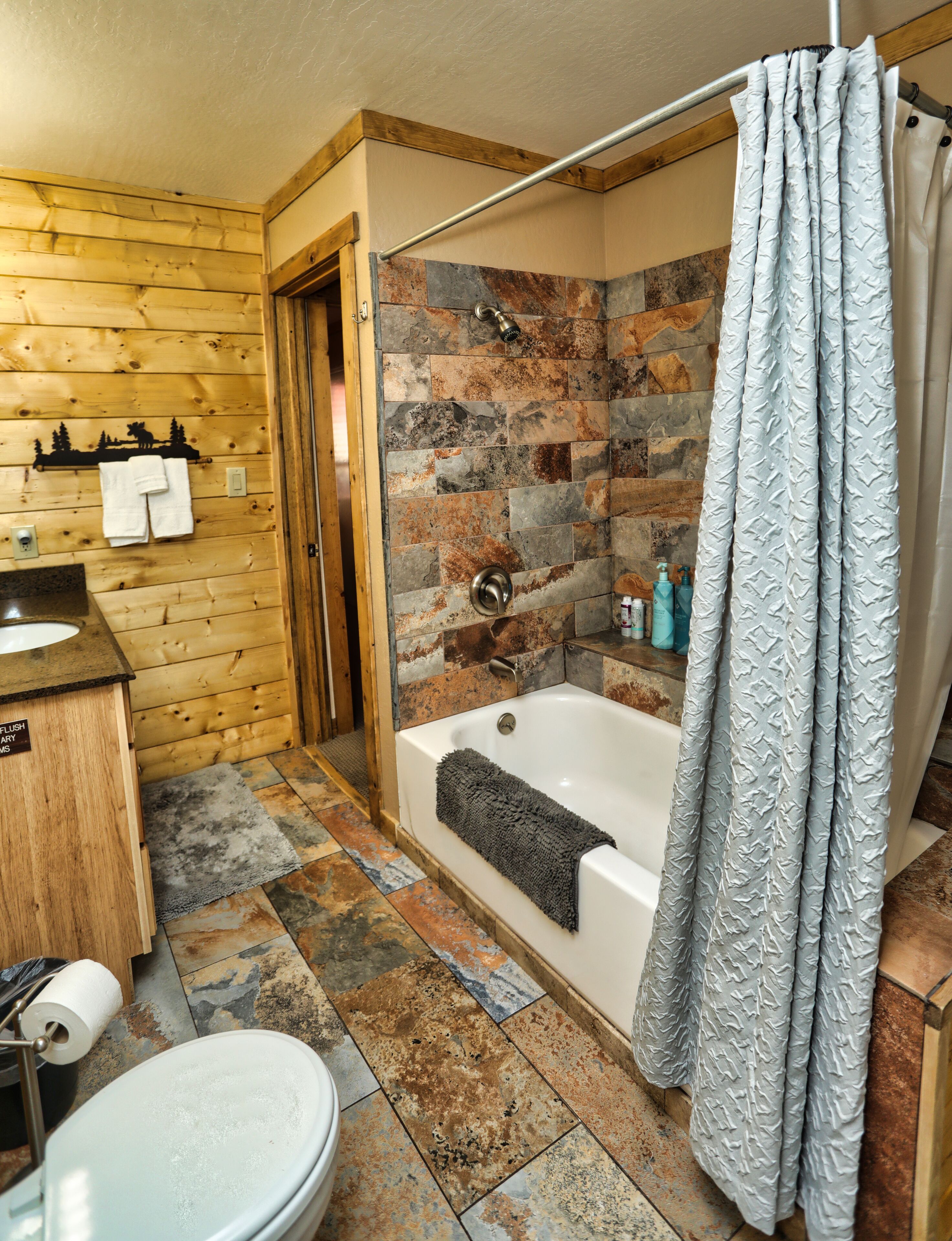 Combined shower/tub, hair dryer, towels, soap