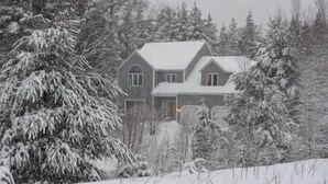 Una casa con techo nevado y un gran árbol en primer plano.