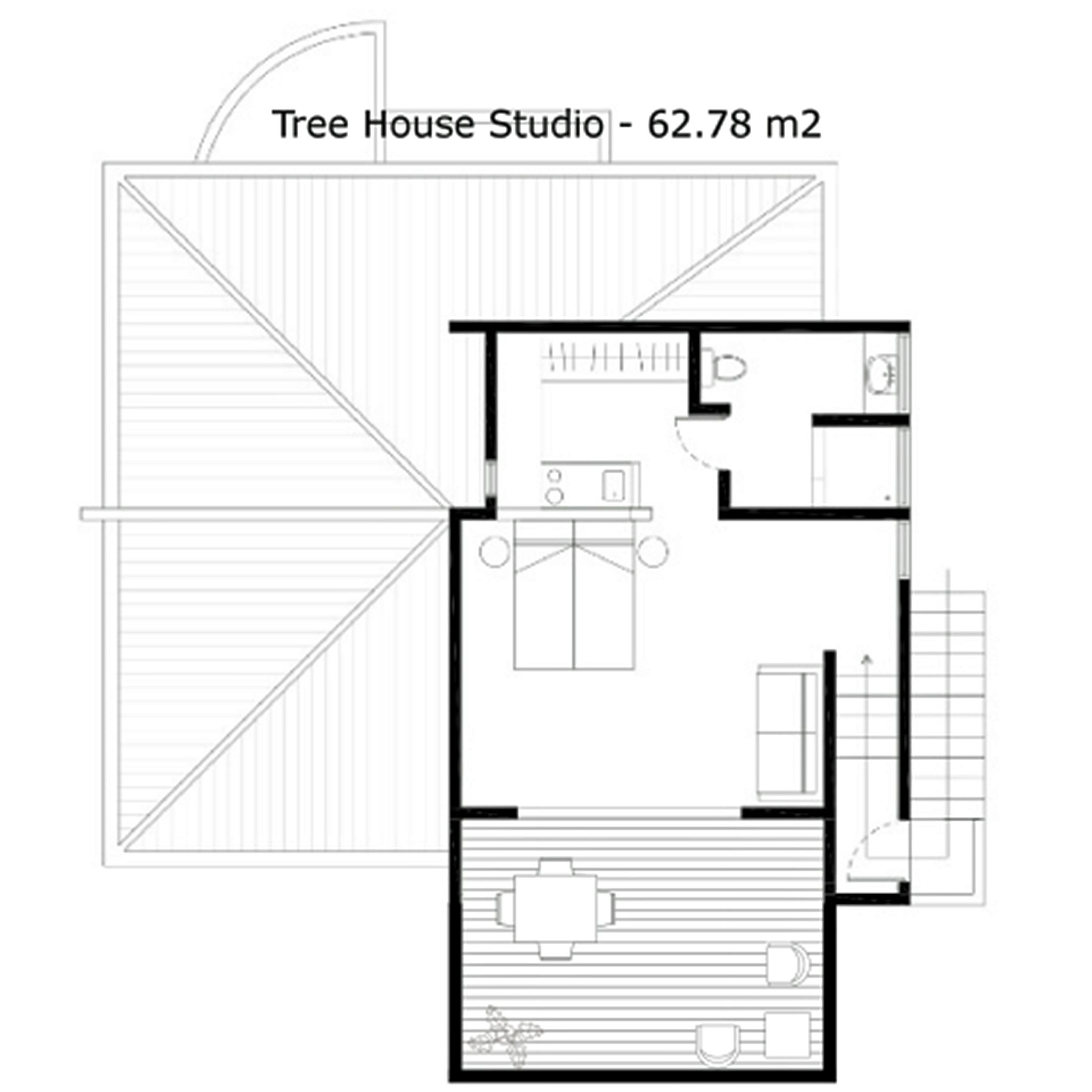 Plan d’étage du «Tree House Studio», d’une superficie de 62,78m², comprenant une cuisine, un coin repas et deux chambres.