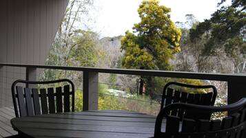 Een balkon met een tafel en twee stoelen, met uitzicht op een natuurlandschap met bomen en een heldere lucht.