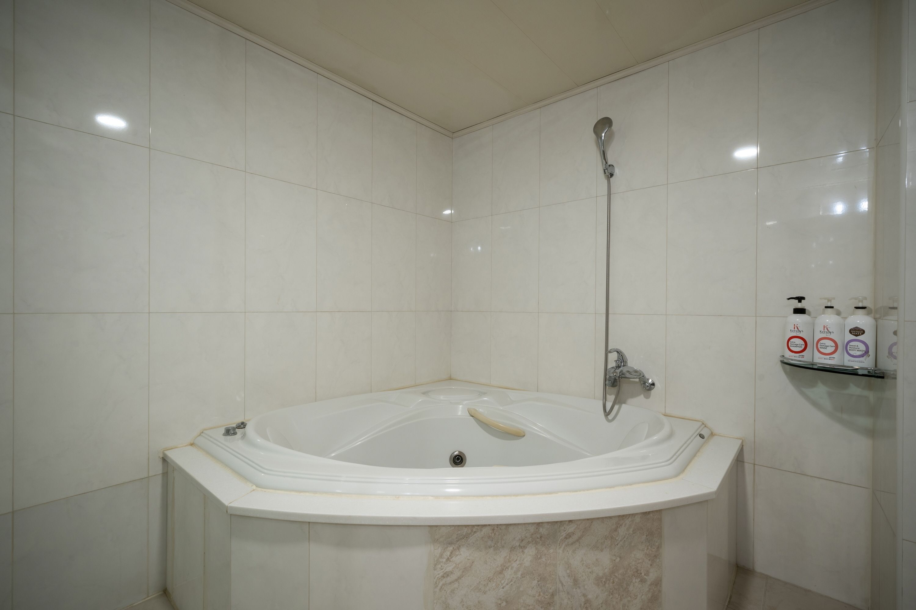 A modern bathroom with a freestanding bathtub, a handheld showerhead, and a shelf with toiletries.